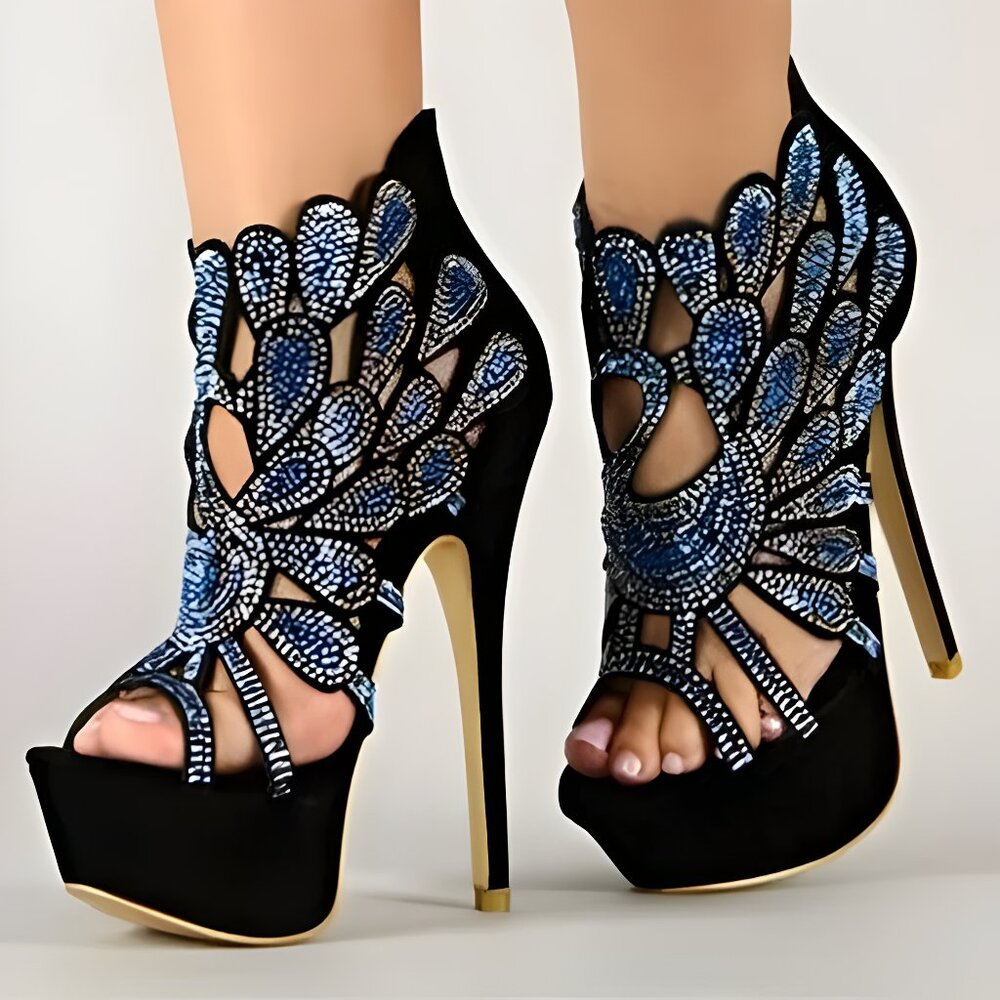 Black Velvet Blue Sequin Jewel Crystal Stiletto Christmas Holiday Party Heels 6
